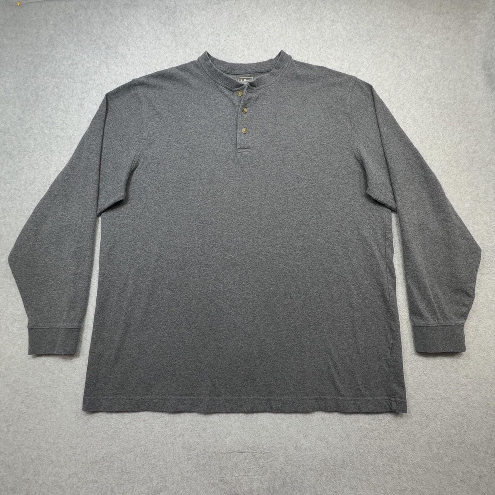 LL Bean Henley Shirt Mens XLT Gray Long Sleeve Cotton Carefree Unshrinkable Tee